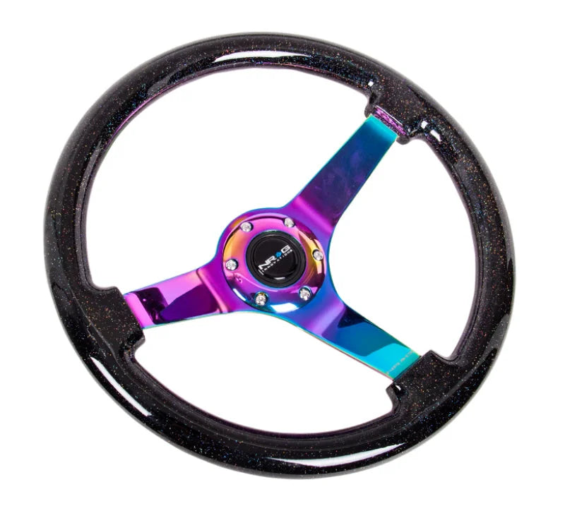 NRG Reinforced Steering Wheel (350mm / 3in. Deep) Classic Blk Sparkle w/4mm Neochrome 3-Spoke Center - Detail View