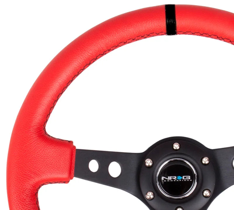 NRG Reinforced Steering Wheel (350mm / 3in. Deep) Red Suede w/Blk Circle Cutout Spokes - Main Product View