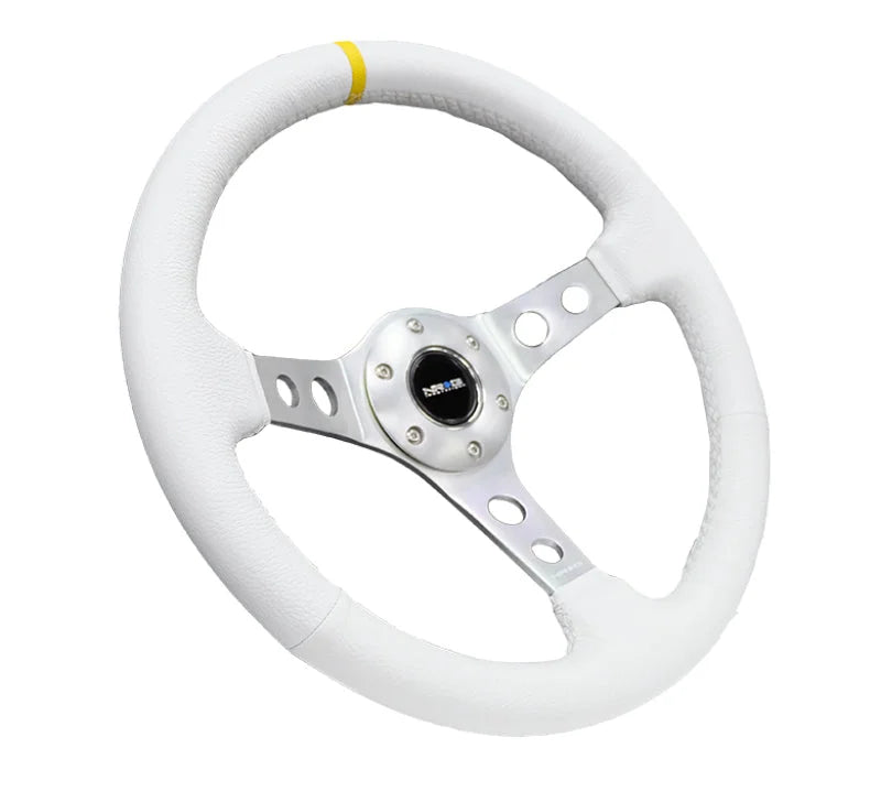 NRG Reinforced Steering Wheel (350mm / 3in. Deep) Wht Leather w/Silver Spoke & Single Yellow Mark - Main Product View