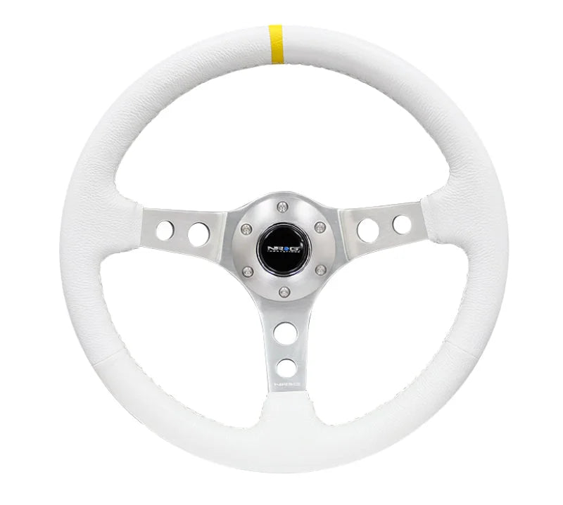 NRG Reinforced Steering Wheel (350mm / 3in. Deep) Wht Leather w/Silver Spoke & Single Yellow Mark - Side View