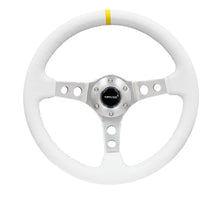 Load image into Gallery viewer, NRG Reinforced Steering Wheel (350mm / 3in. Deep) Wht Leather w/Silver Spoke &amp; Single Yellow Mark - Side View