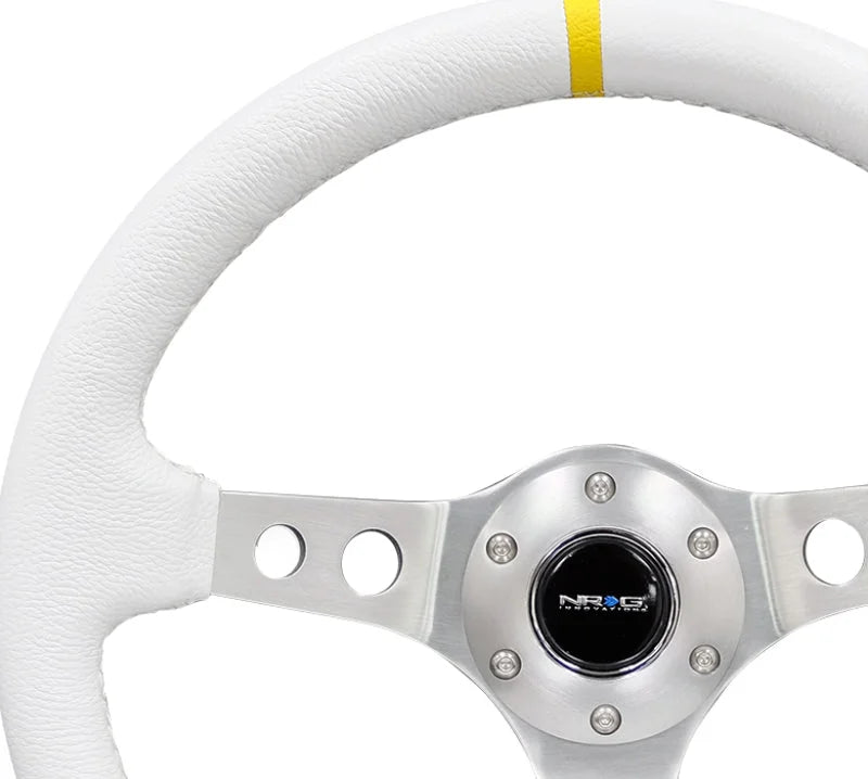 NRG Reinforced Steering Wheel (350mm / 3in. Deep) Wht Leather w/Silver Spoke & Single Yellow Mark - Back View
