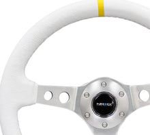 Load image into Gallery viewer, NRG Reinforced Steering Wheel (350mm / 3in. Deep) Wht Leather w/Silver Spoke &amp; Single Yellow Mark - Back View