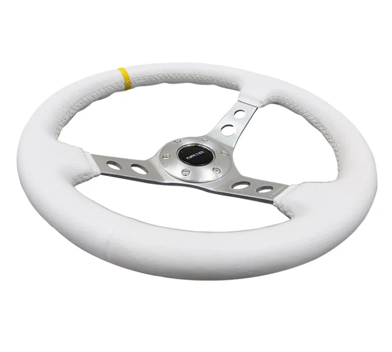 NRG Reinforced Steering Wheel (350mm / 3in. Deep) Wht Leather w/Silver Spoke & Single Yellow Mark - Installation View