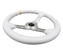 Load image into Gallery viewer, NRG Reinforced Steering Wheel (350mm / 3in. Deep) Wht Leather w/Silver Spoke &amp; Single Yellow Mark - Installation View
