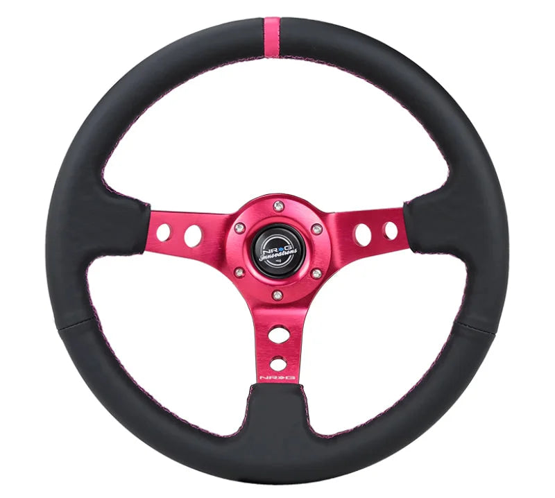 NRG Reinforced Steering Wheel (350mm/3in. Deep) Black Leather/ Fushia Center Mark/ Fushia Stitching - Side View