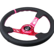 Load image into Gallery viewer, NRG Reinforced Steering Wheel (350mm/3in. Deep) Black Leather/ Fushia Center Mark/ Fushia Stitching - Detail View
