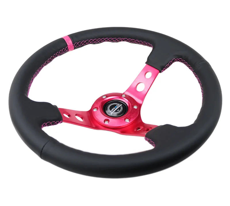 NRG Reinforced Steering Wheel (350mm/3in. Deep) Black Leather/ Fushia Center Mark/ Fushia Stitching - Detail View