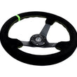Load image into Gallery viewer, NRG Reinforced Steering Wheel 350mm/3in. Deep Blk Suede/ Neon Green Stitch w/5mm Matte Black Spoke - Side View