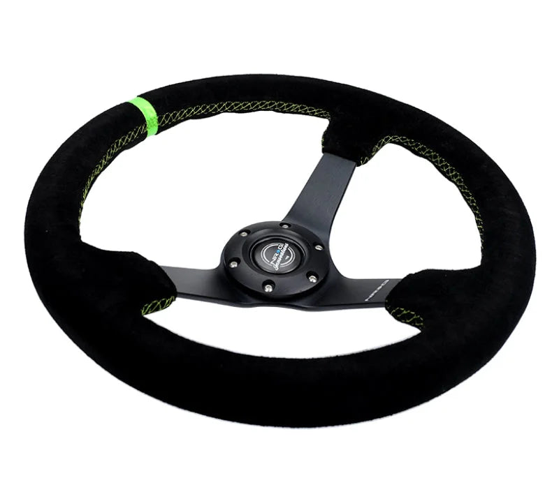 NRG Reinforced Steering Wheel 350mm/3in. Deep Blk Suede/ Neon Green Stitch w/5mm Matte Black Spoke - Side View