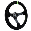 Load image into Gallery viewer, NRG Reinforced Steering Wheel 350mm/3in. Deep Blk Suede/ Neon Green Stitch w/5mm Matte Black Spoke - Back View