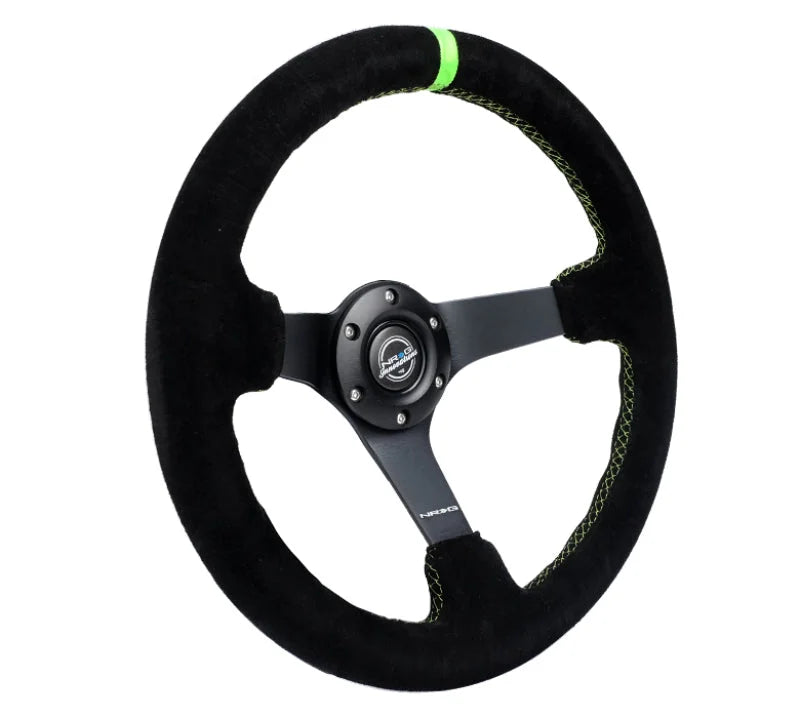 NRG Reinforced Steering Wheel 350mm/3in. Deep Blk Suede/ Neon Green Stitch w/5mm Matte Black Spoke - Back View