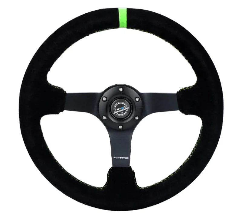 NRG Reinforced Steering Wheel 350mm/3in. Deep Blk Suede/ Neon Green Stitch w/5mm Matte Black Spoke - Installation View
