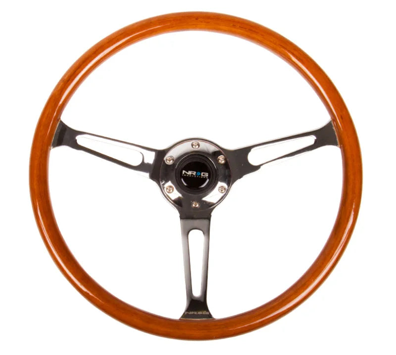 NRG Reinforced Steering Wheel (360mm) Classic Wood Grain w/Chrome Cutout 3-Spoke Center - Side View