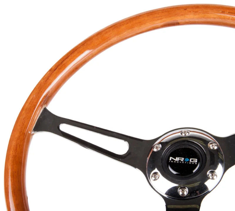 NRG Reinforced Steering Wheel (360mm) Classic Wood Grain w/Chrome Cutout 3-Spoke Center - Detail View