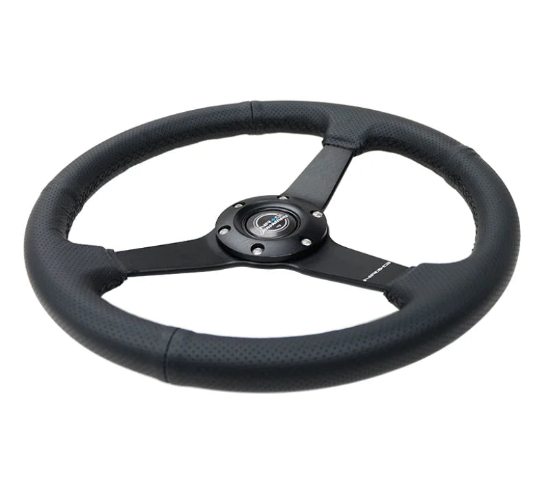 NRG Sport Steering Wheel (350mm / 1.5in Deep) Black Leather Black Stitch w/Matte Black Solid Spokes - Side View