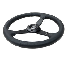 Load image into Gallery viewer, NRG Sport Steering Wheel (350mm / 1.5in Deep) Black Leather Black Stitch w/Matte Black Solid Spokes - Side View