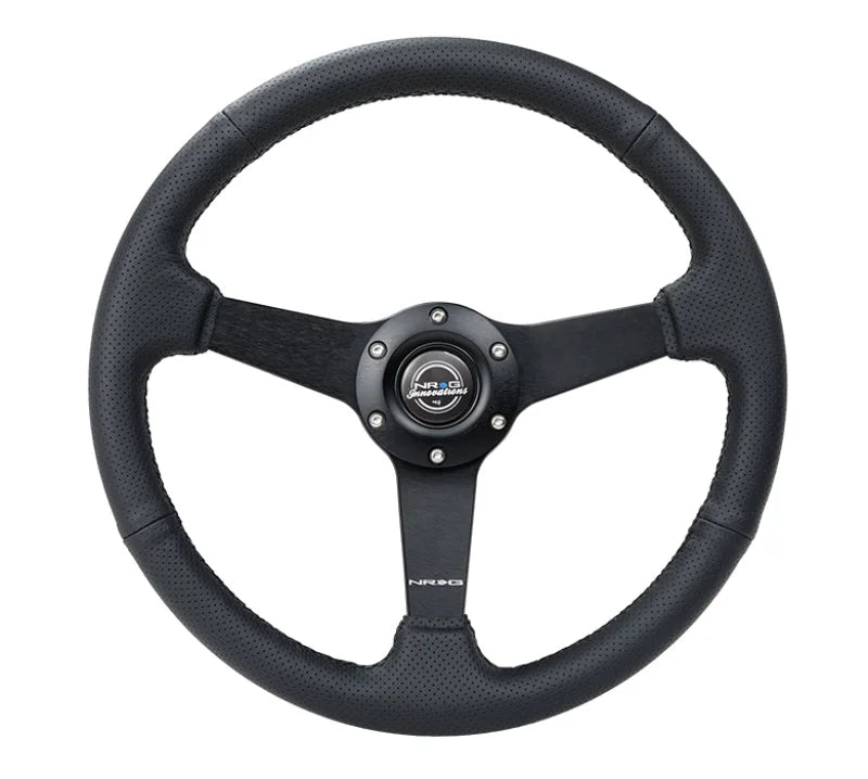 NRG Sport Steering Wheel (350mm / 1.5in Deep) Black Leather Black Stitch w/Matte Black Solid Spokes - Back View