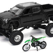 Load image into Gallery viewer, New Ray Toys Toyota Tundra Pro Lifted Truck Black with Kawasaki Dirt Bike 1:32 Scale - Main Product View