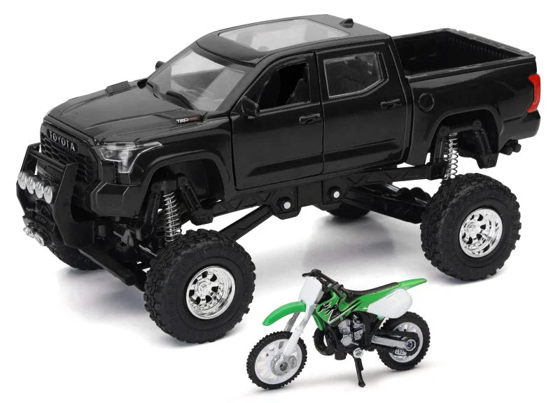 New Ray Toys Toyota Tundra Pro Lifted Truck Black with Kawasaki Dirt Bike 1:32 Scale - Main Product View