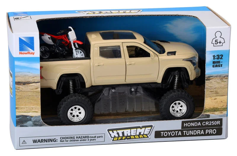 New Ray Toys Toyota Tundra Pro Lifted Truck Mud Bath with Honda Dirt Bike 1:32 Scale - Main Product View