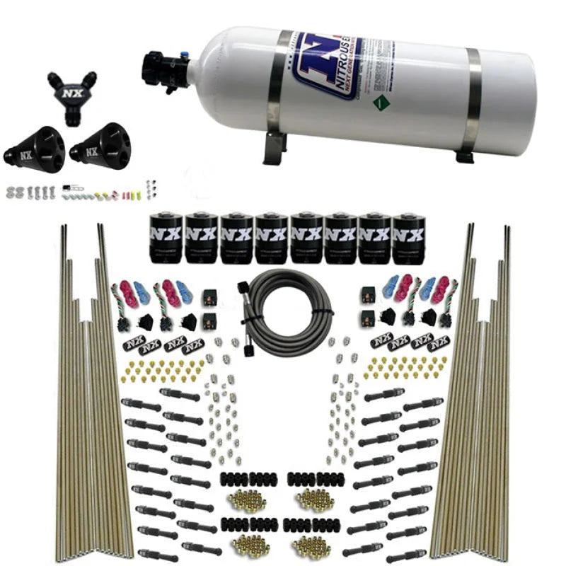 Nitrous Express 8 Cyl Dry Direct Port Four Stage 8 Solenoids Nitrous Kit (200-600HP) w/15lb Bottle - Side View