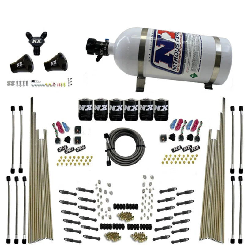 Nitrous Express 8 Cyl Dry Direct Port Three Stage 6 Solenoids Nitrous Kit (200-600HP) w/10lb Bottle - Side View