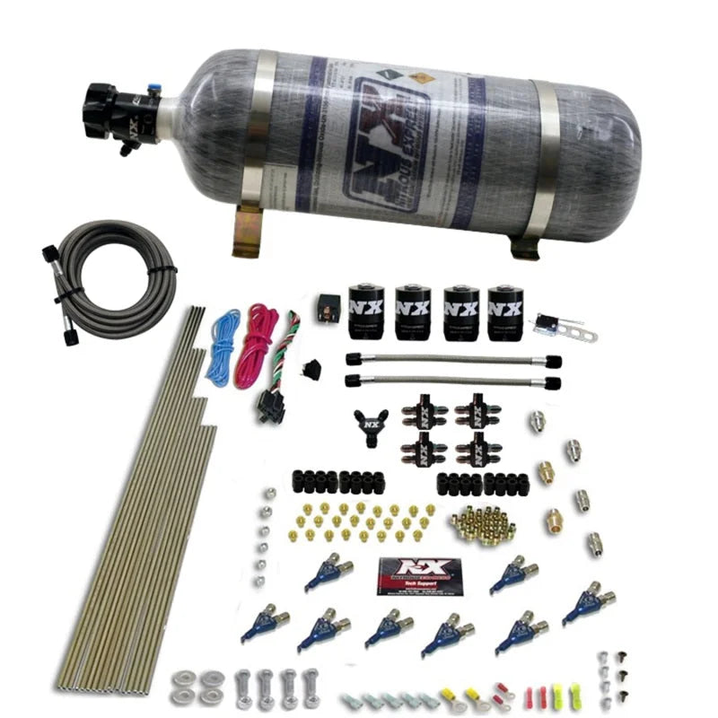 Nitrous Express 8 Cyl Piranha Direct Port 4 Solenoids Nitrous Kit (200-500HP) w/12lb Bottle - Back View