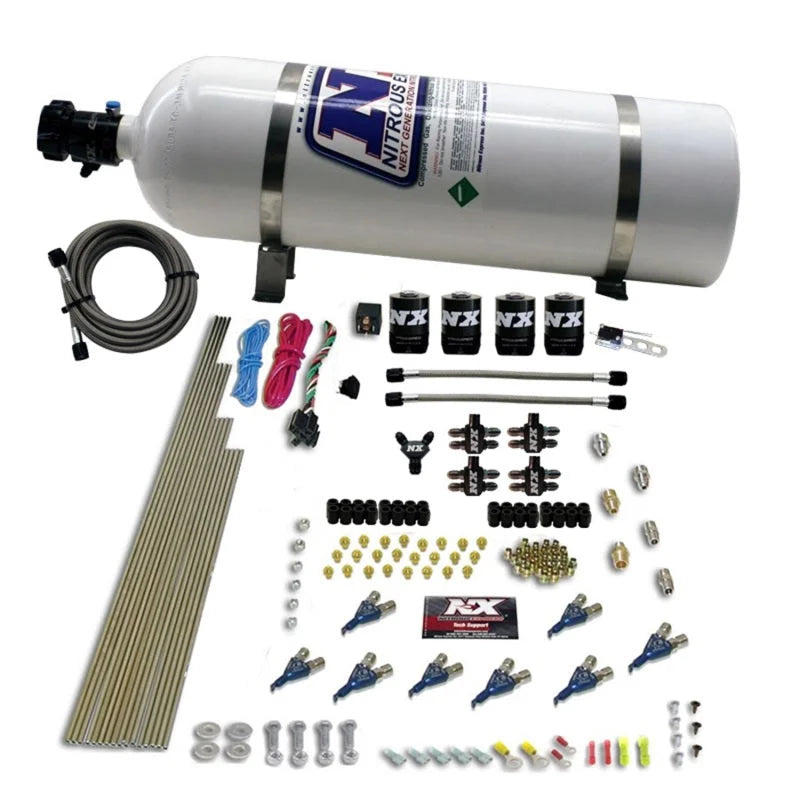 Nitrous Express 8 Cyl Piranha Direct Port 4 Solenoids Nitrous Kit (200-500HP) w/15lb Bottle - Side View