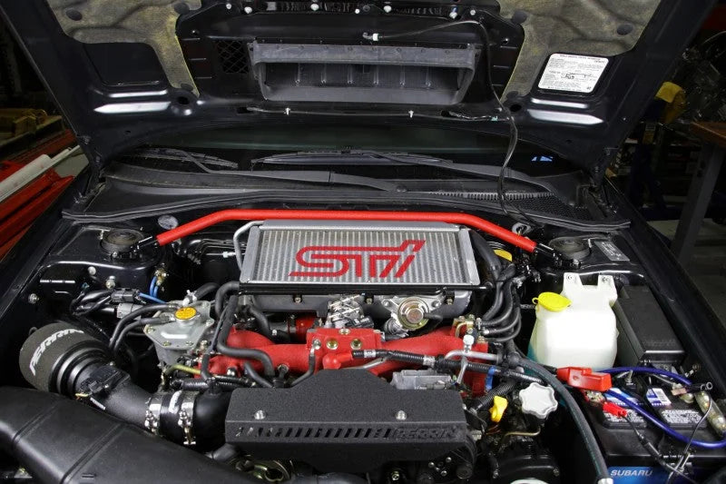 PERRIN 02-07 Subaru WRX/STi/Impreza / 04-08 Forester Front Strut Brace - Red - Installation View