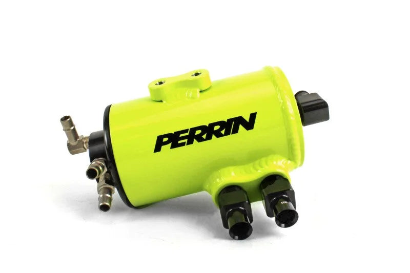 PERRIN 02-14 Subaru WRX / 04-21 STI / 05-09 LGT & OBXT (w/FMIC Only) Air Oil Separator - Neon Yel. - Side View