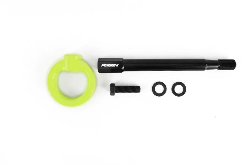 PERRIN 08-14 Subaru WRX & STI / 08-11 Impreza / 05-09 Legacy Tow Hook Kit (Front) - Neon Yellow - Installation View