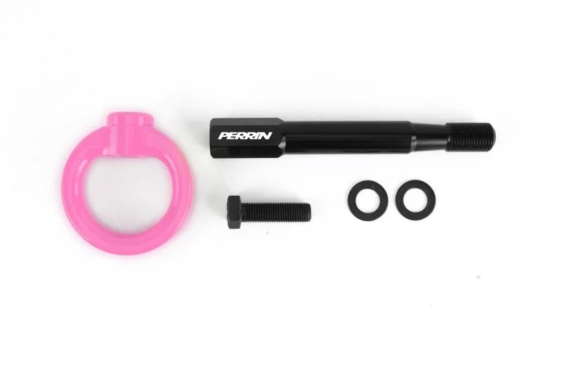 PERRIN 08-14 Subaru WRX/STI (Hatchback) Tow Hook Kit (Rear) - Hyper Pink - Installation View
