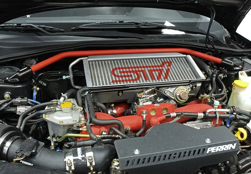 PERRIN 08-14 WRX/STI/Impreza / 14-18 Forester / 13-17 Crosstrek / 05-09 Legacy FR Strut Brace - Red - Back View
