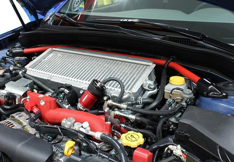 PERRIN 08-14 WRX/STI/Impreza / 14-18 Forester / 13-17 Crosstrek / 05-09 Legacy FR Strut Brace - Red - Installation View