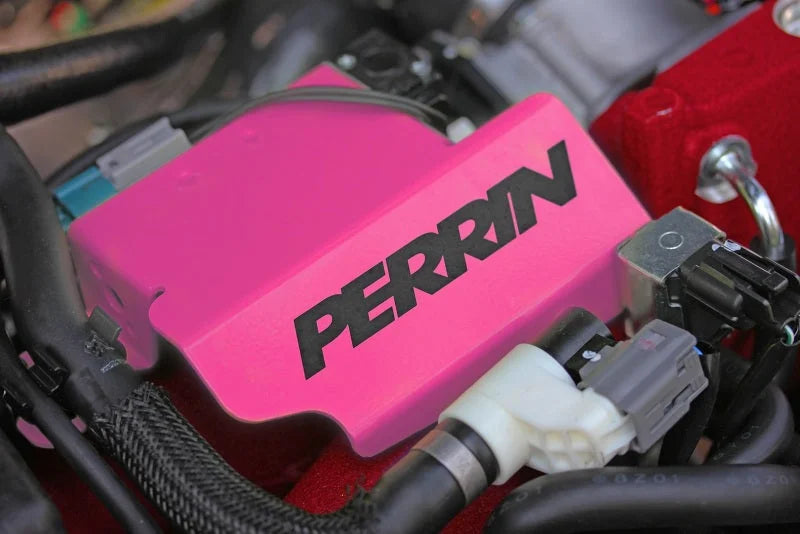 PERRIN 08-21 Subaru STI Boost Control Solenoid Cover - Hyper Pink - Detail View
