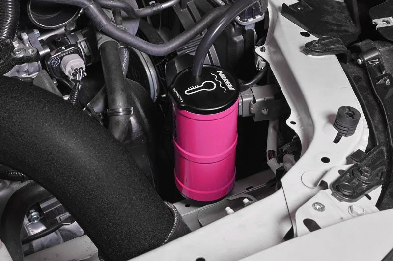 PERRIN 13-25 Subaru BRZ / 04-21 Subaru STI / 02-25 Subaru WRX Coolant Overflow Tank - Hyper Pink - Installation View