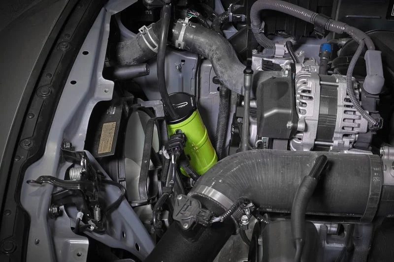 PERRIN 13-25 Subaru BRZ / 04-21 Subaru STI / 02-25 Subaru WRX Coolant Overflow Tank - Neon Yellow - Back View