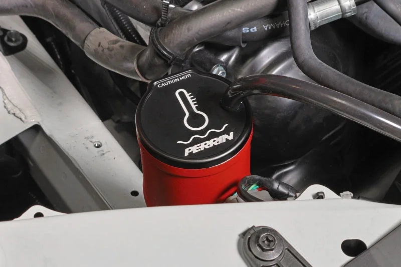 PERRIN 13-25 Subaru BRZ / 04-21 Subaru STI / 02-25 Subaru WRX Coolant Overflow Tank - Red - Side View