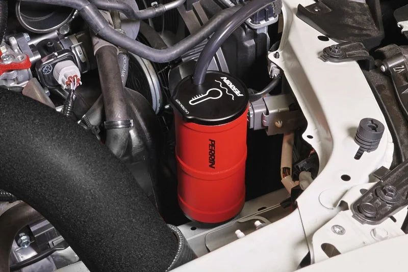 PERRIN 13-25 Subaru BRZ / 04-21 Subaru STI / 02-25 Subaru WRX Coolant Overflow Tank - Red - Installation View
