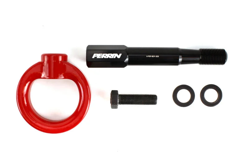 PERRIN 15-17 Subaru WRX & STI / 13-17 Crosstrek / 12-16 Impreza Tow Hook Kit (Front) - Red - Installation View