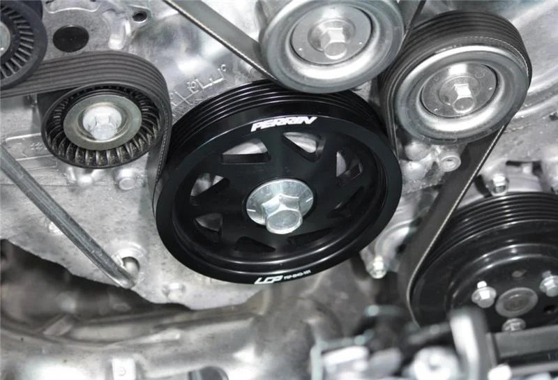 PERRIN 15-18 Subaru WRX / 13-20 BRZ / 14-18 FXT / 13-16 Crosstrek Lightened Crank Pulley - Black - Side View