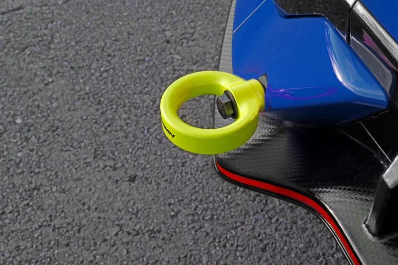 PERRIN 17-21 Honda Civic Si/Type R/Touring/Hatchback Tow Hook Kit Rear - Neon Yellow - Side View