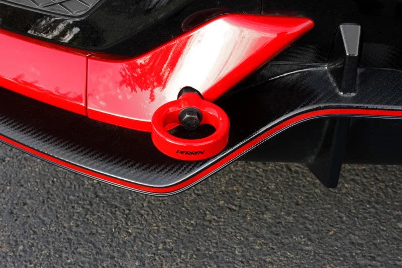 PERRIN 17-21 Honda Civic Si/Type R/Touring/Hatchback Tow Hook Kit Rear - Red - Installation View