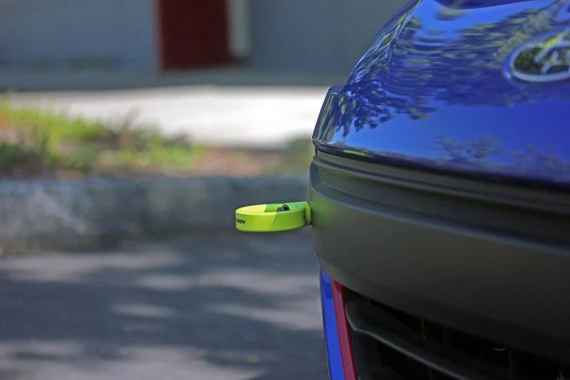 PERRIN 18-21 Subaru WRX & STI / 13-25 BRZ / 17-20 Toyota 86 Tow Hook Kit (Front) - Neon Yellow - Side View