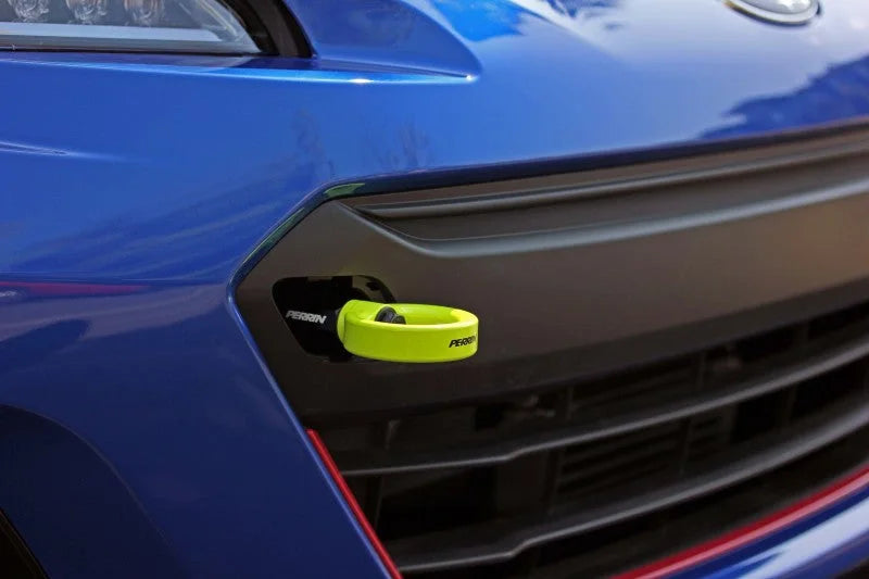 PERRIN 18-21 Subaru WRX & STI / 13-25 BRZ / 17-20 Toyota 86 Tow Hook Kit (Front) - Neon Yellow - Installation View