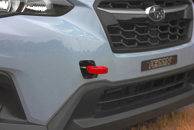 PERRIN 22-25 Subaru WRX / 18-23 Crosstrek / 20-25 OBXT / 17-23 Impreza Tow Hook Kit (Front) - Red - Side View