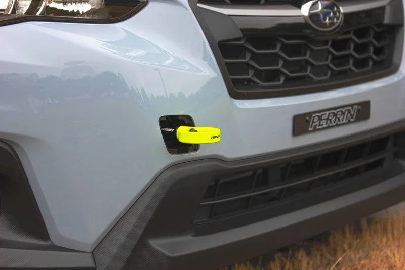 PERRIN 22-25 Subaru WRX / 18-23 Crosstrek / 20-25 OBXT Tow Hook Kit (Front) - Neon Yellow - Installation View