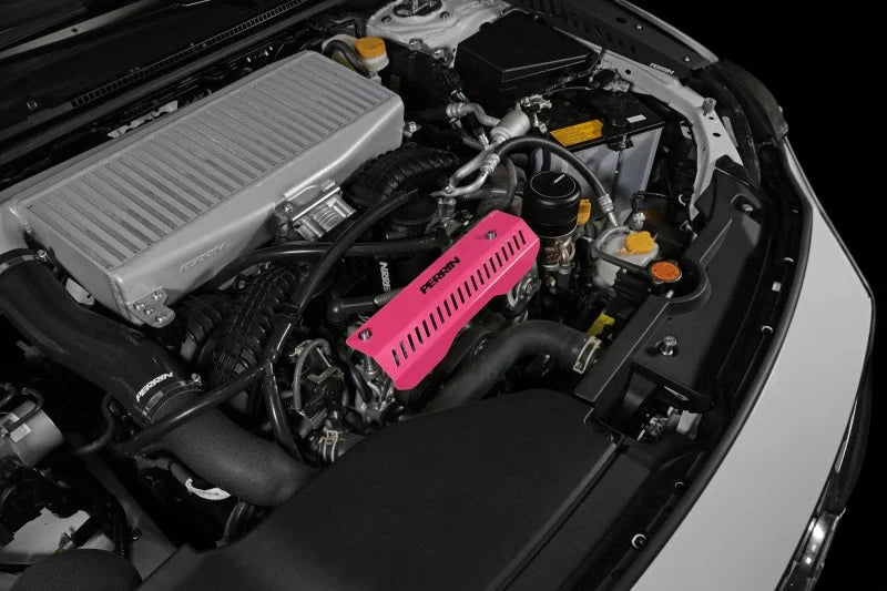 PERRIN 22-25 Subaru WRX Pulley Cover - Hyper Pink (SHORT - For Use w/PERRIN AOS) - Installation View