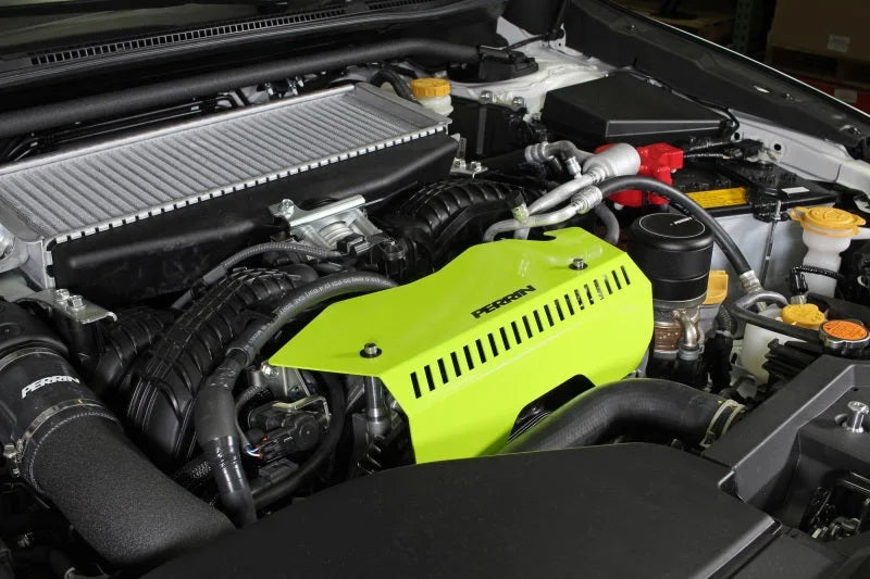 PERRIN 22-25 Subaru WRX Pulley Cover - Neon Yellow (TALL - For Use w/o PERRIN AOS) - Installation View